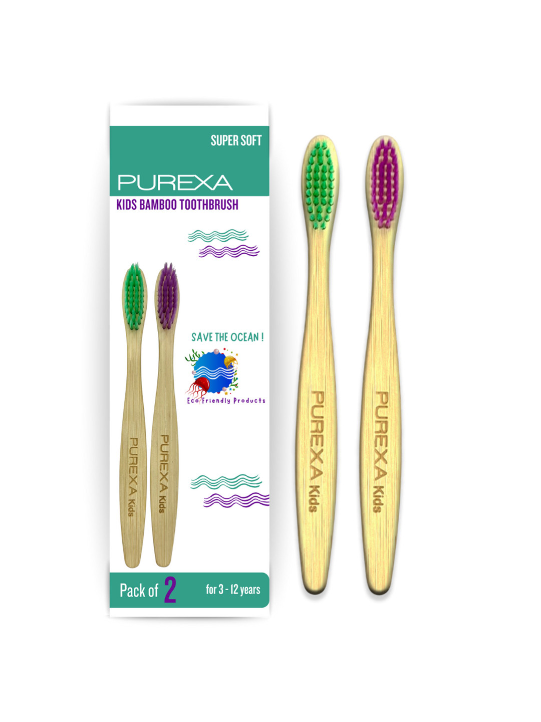 Purexa Kids Brown & Green Set Of 2 Eco-Friendly Bamboo Toothbrush