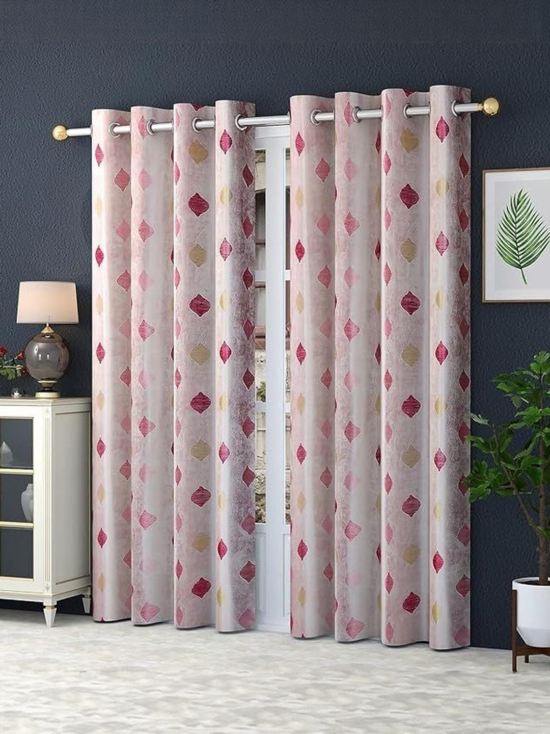 LUZDECOR Pink And Beige Abstract Printed 2 Pieces Long Door Room Darkening Eyelet Curtains