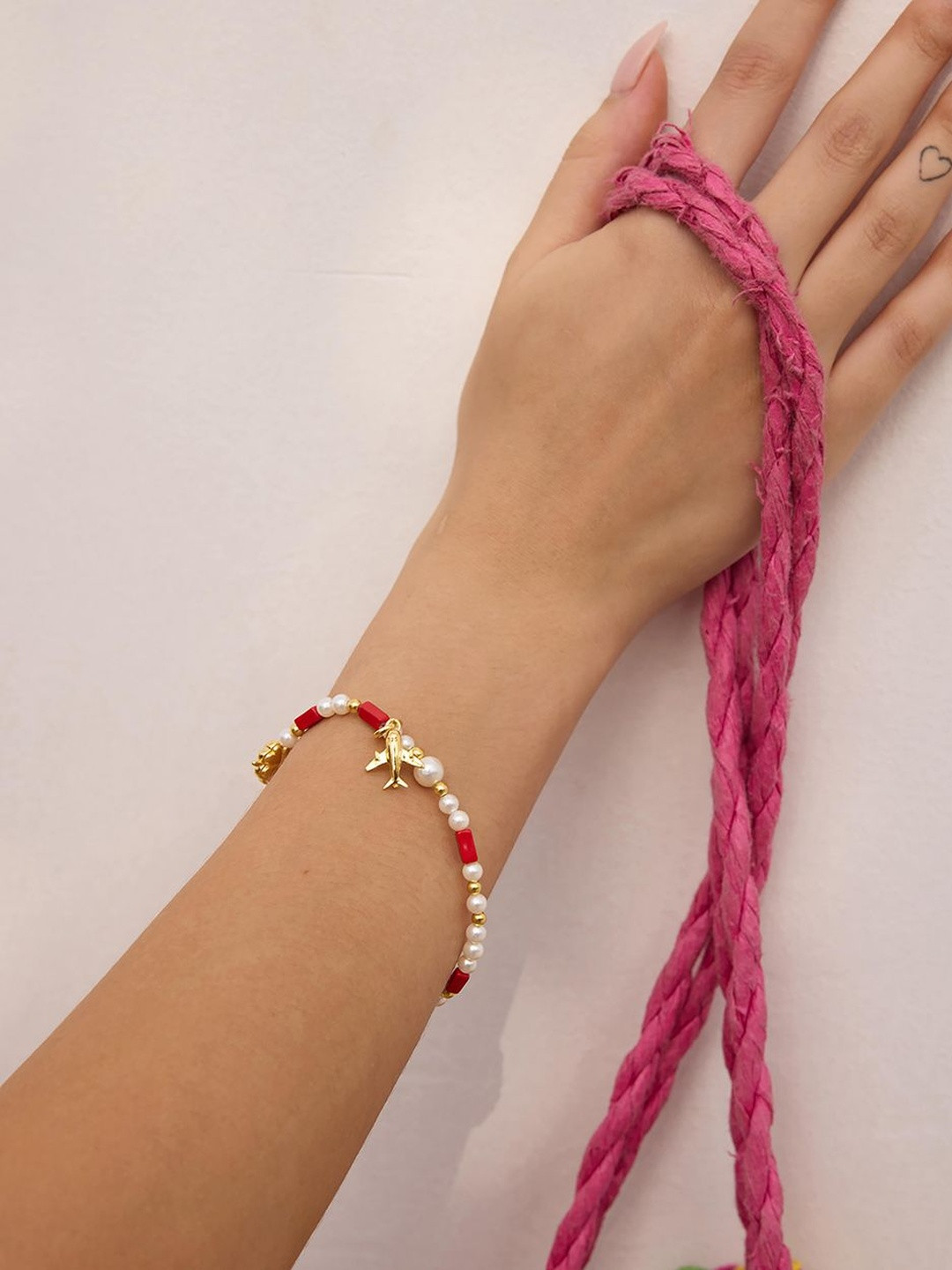 Nishani 925 Sterling Silver Gold-Plated Pearls Beaded Enishi Airplane Elasticated Bracelet