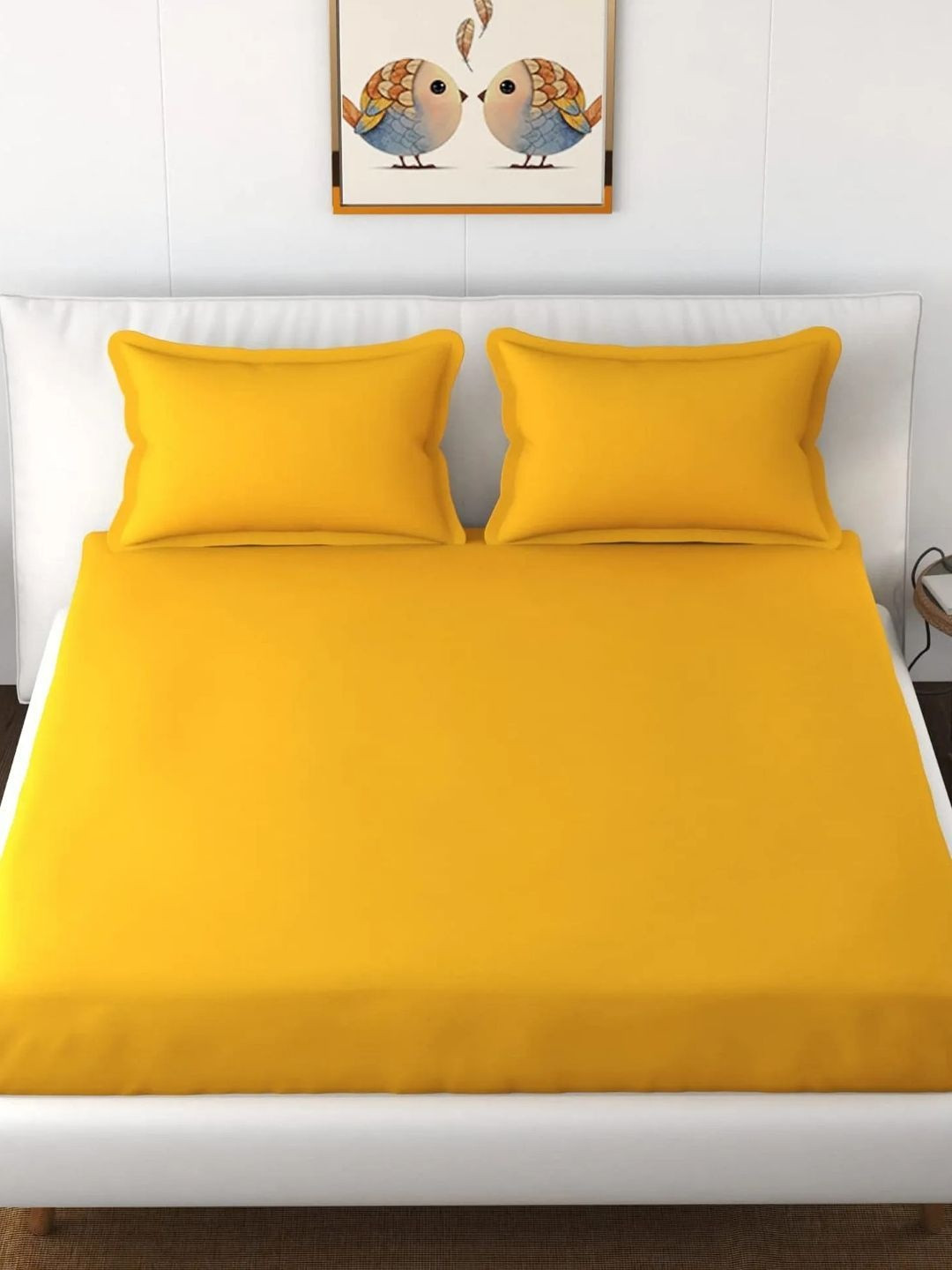 Bedbathandbliss Yellow Satin 300 TC Super King Bedsheet Set 2.74 m x 2.74 m