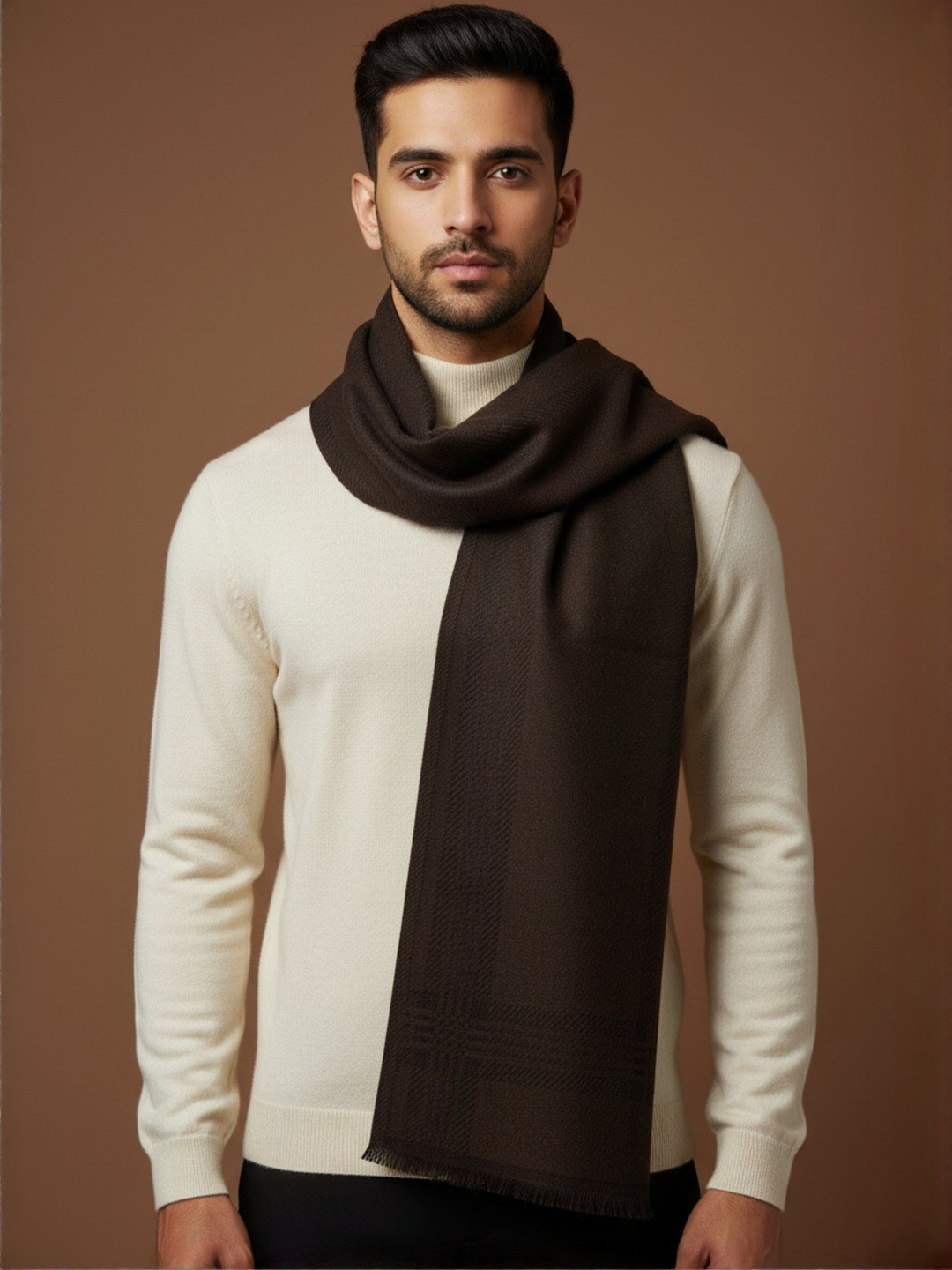 Zamour Men Stripe Border Woollen Muffler Scarf