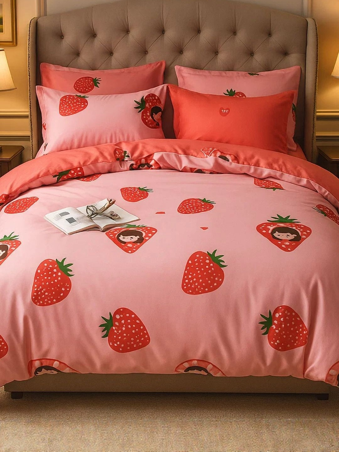 Famyo Pink & Red Strawberries Printed Double King Bedding Set