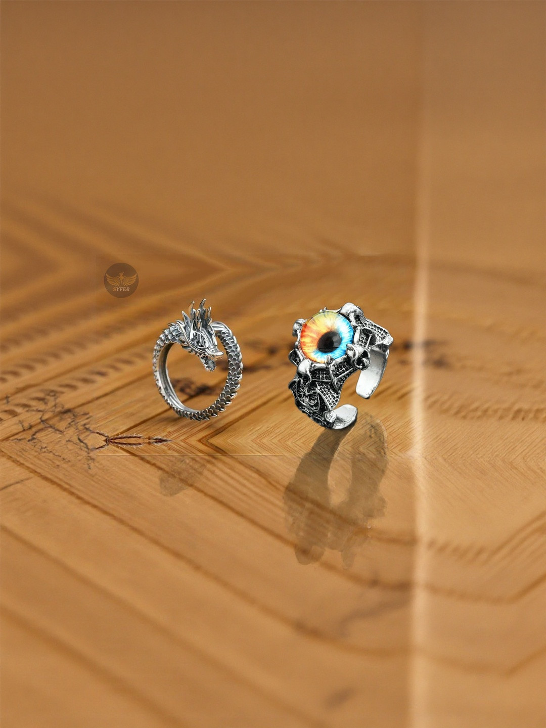 Teeragaj Set of 2 Dragon & Eye Adjustable Finger Rings