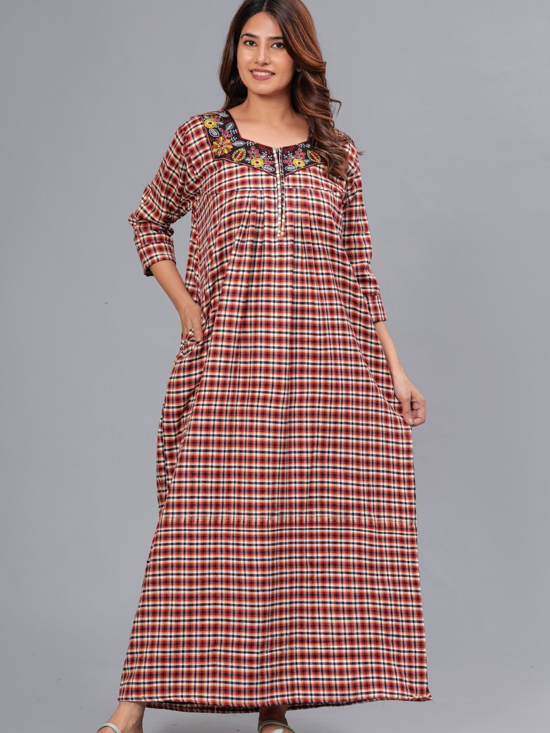 HARGUN NIGHT WEAR Women Checked Maxi Nightdress