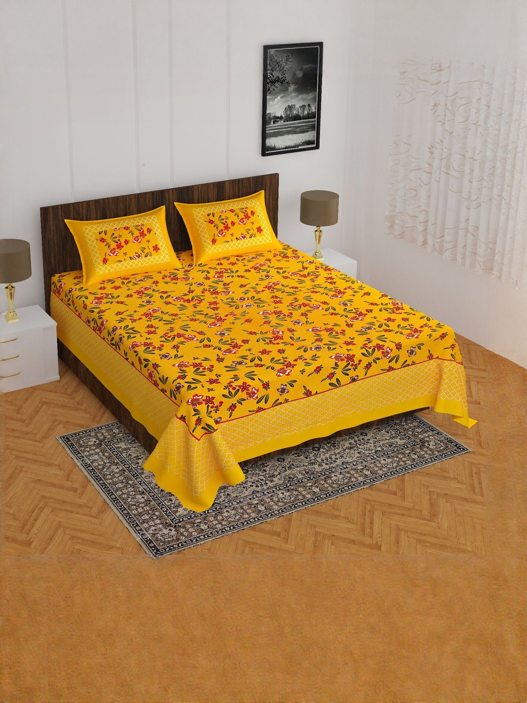 RRW Yellow Floral 180 TC King Bedsheet with 2 Pillow Covers