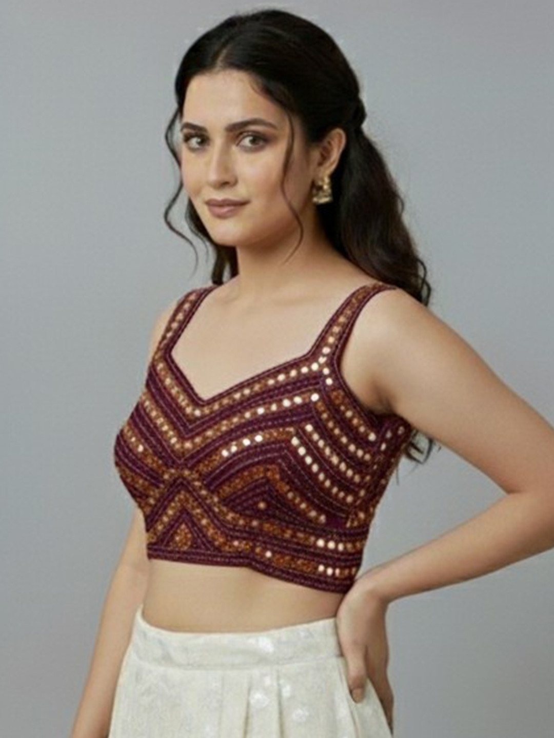 RAGHUVEER CREATION Purple Mirror Work Designer Blouse with Thread Tassels Party Wear