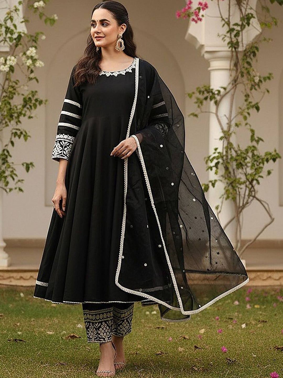KALINI Panelled Round Neck Thread Work Anarkali Kurta With Palazzos & Dupatta