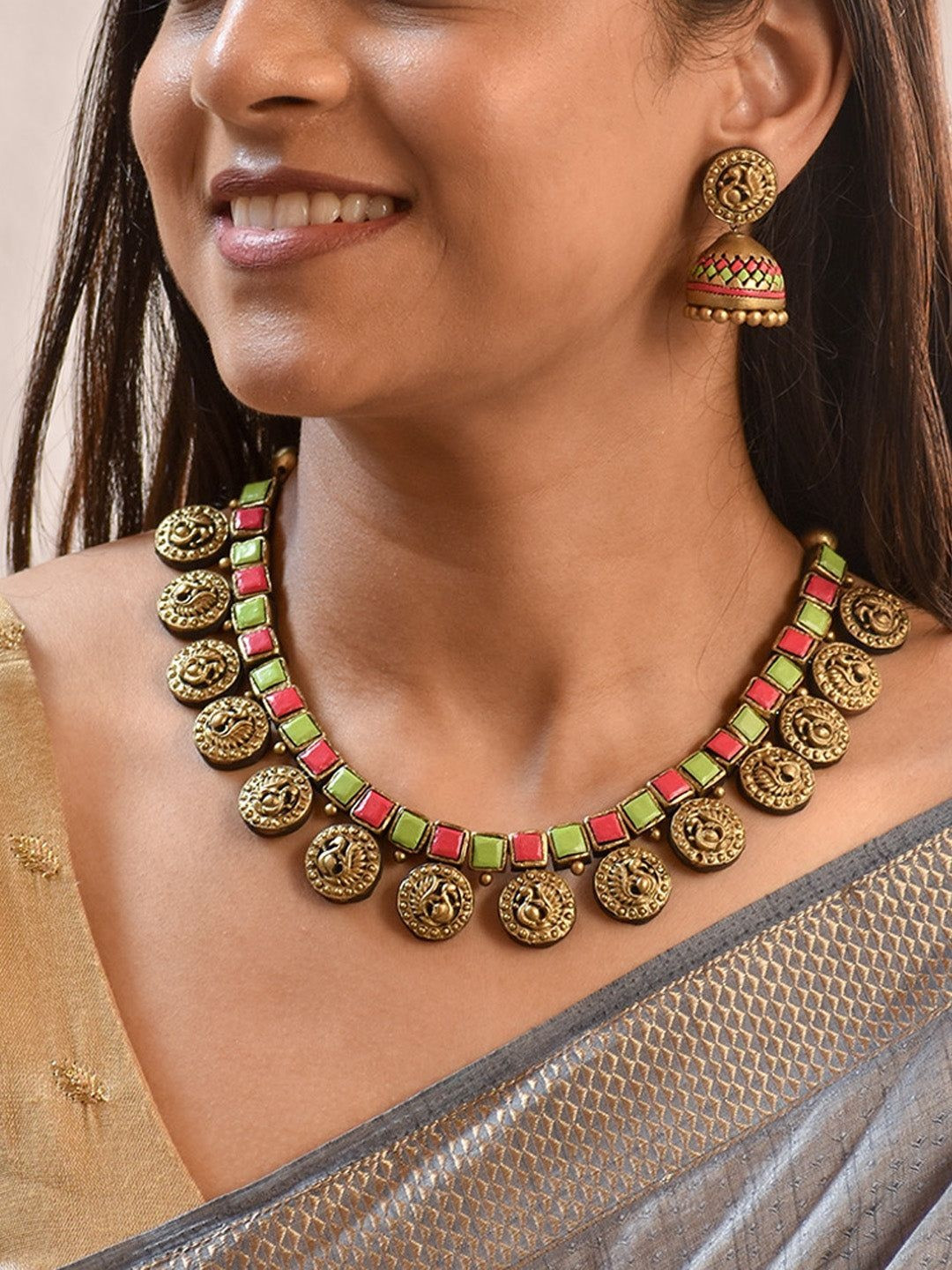 JUMKEY Artificial Stones Studded Minimalistc Peacock Motif Terracotta Necklace & Earrings