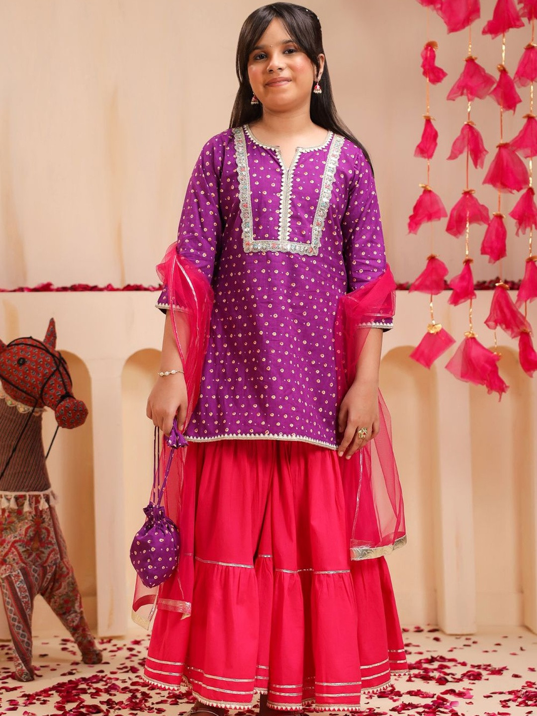Rain & Rainbow Girls Bandhani Printed Regular Gotta Patti Pure Cotton Kurti with Sharara & With Dupatta