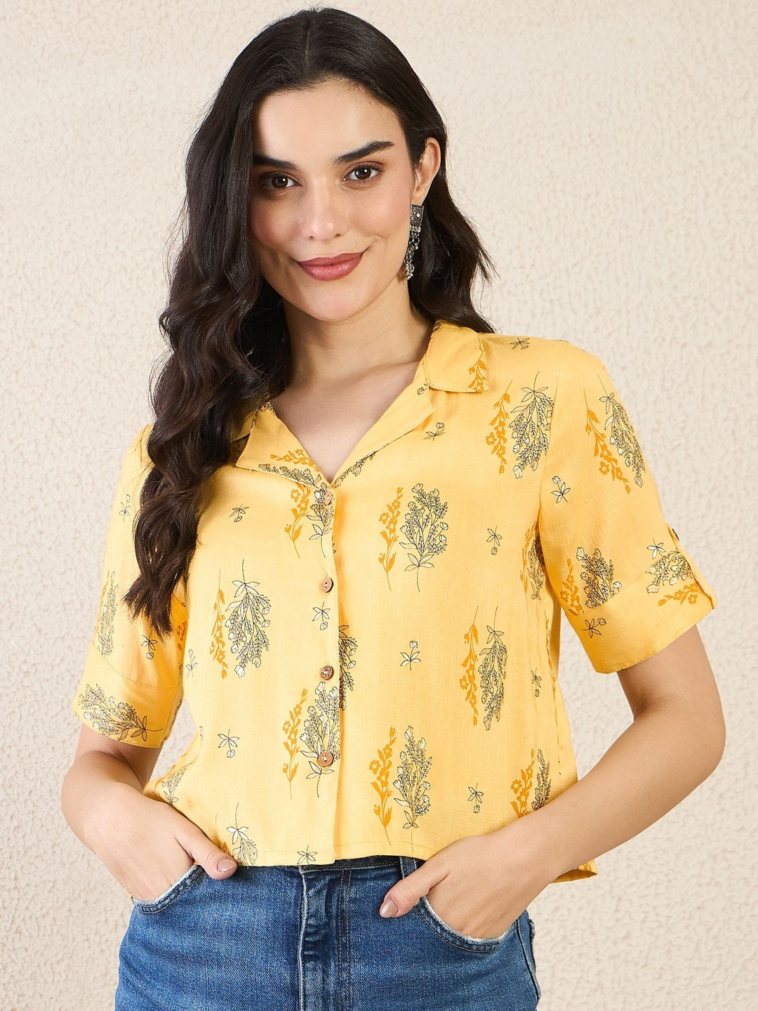 Anouk Rustic Floral Print Roll-Up Sleeves Shirt Style Crop Top