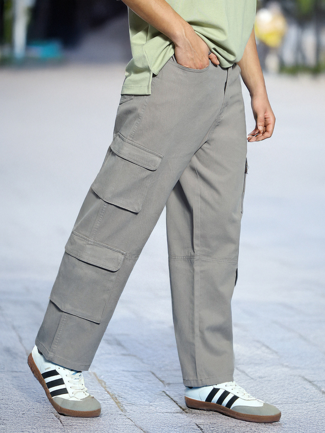 Urbano Fashion Men Grey Loose Baggy Fit Cargo Chino Pant with 8 Pockets Stretchable