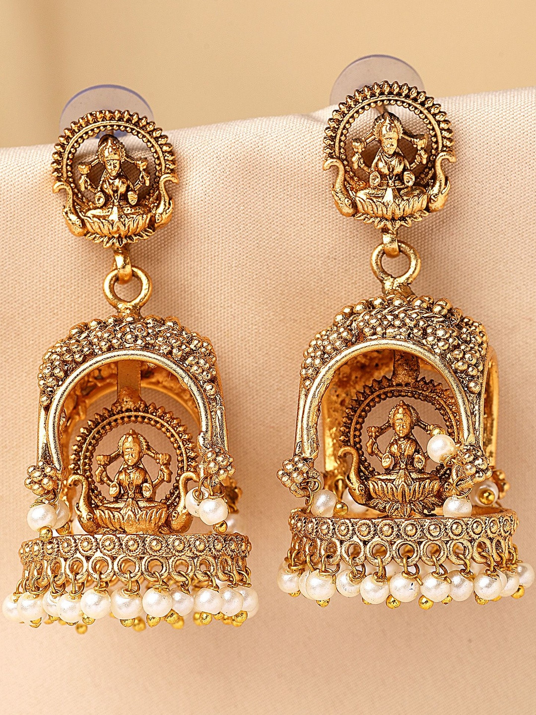 KARATCART Gold-Plated Lakshmi Mata Dome Shaped Stones Studded Jhumkas Earrings