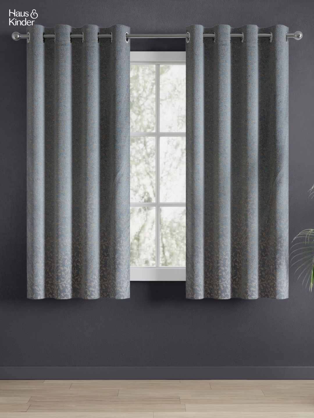 haus & kinder Misty Fern Blue Floral Jacquard 2 Pcs Window Room Darkening Eyelet Curtains