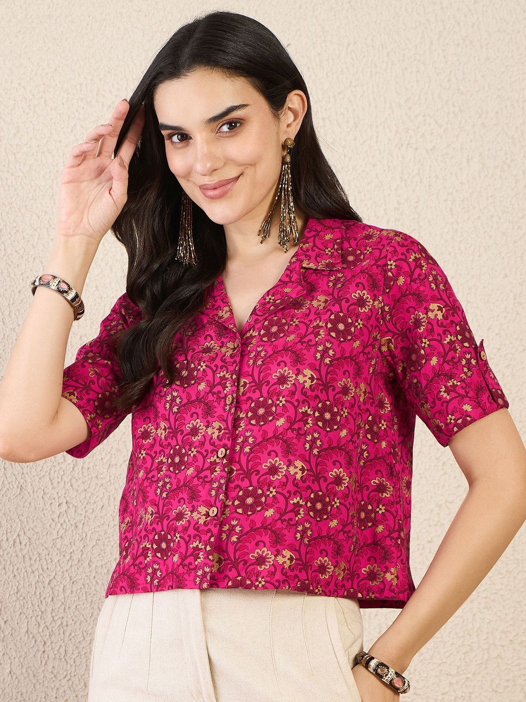 Anouk Rustic Floral Printed Roll-Up Sleeves Boxy Crop Top