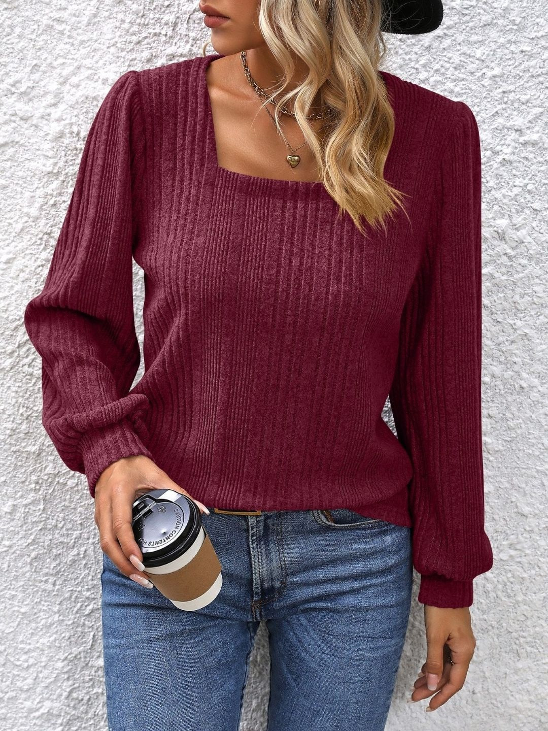 StyleCast Red Square Neck Long Sleeve Top