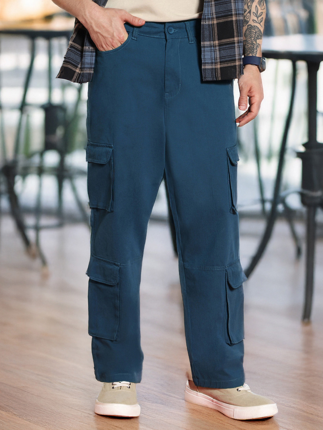 Urbano Fashion Men Denim Blue Stretchable Loose Fit Cargo Chino Pant with 8 Pockets