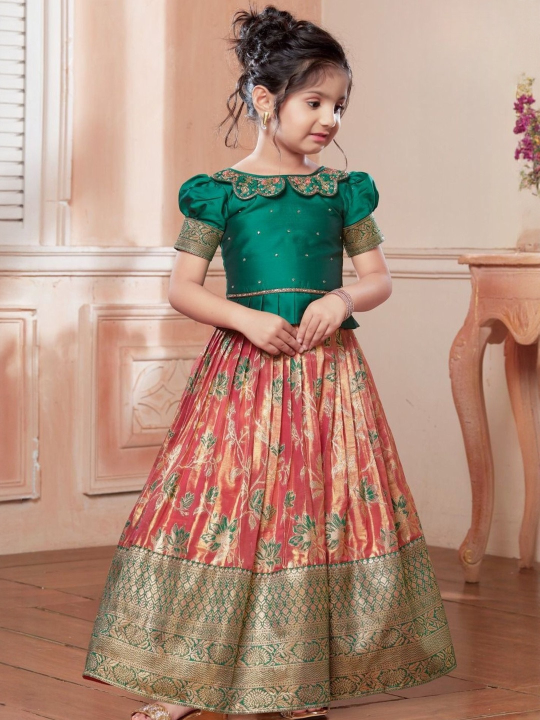Lagorii Girls Floral Woven Design Zari Banarasi Tissue Silk Ready to Wear Lehenga & Choli