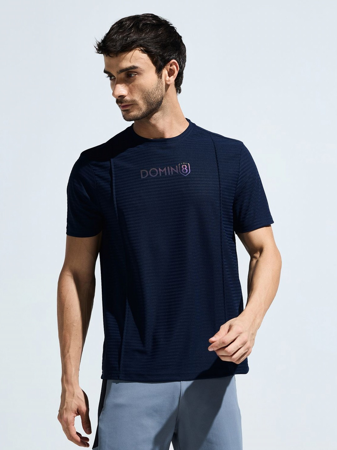 DOMIN8 Men Reflector Print Wrinkle Resistant Pintuck Stretchable Jacquard T-Shirt