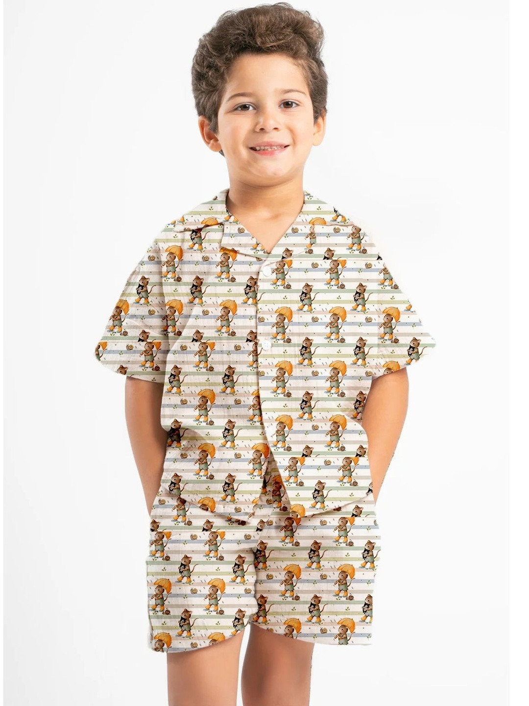 NEW COMERS Boys Animal Graphic Shirt Collar Pure Cotton Printed Shirt With Shorts