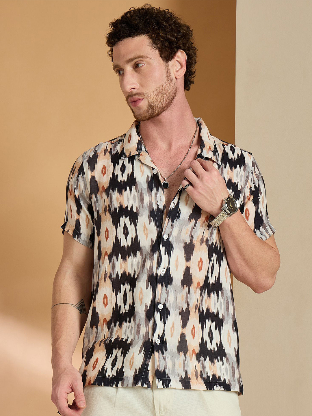 REPRISE Men Classic Fit Abstract Printed Cuban Collar Cotton Casual Shirt