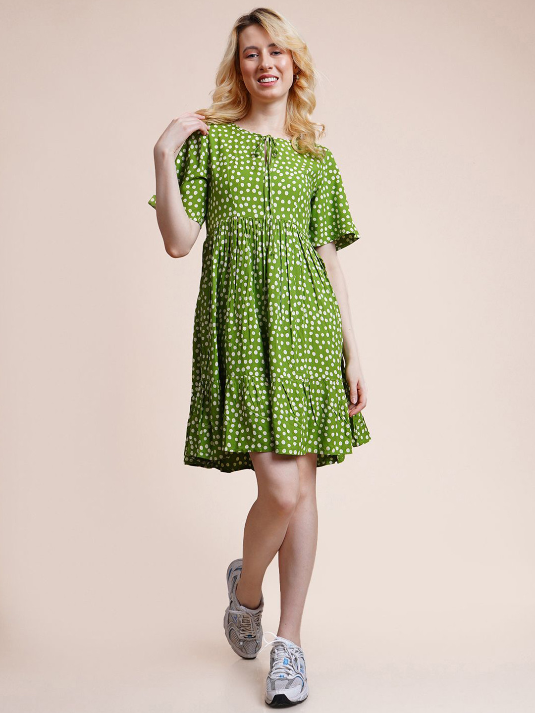 Fuchsia Women Green Polka Dot Printed Gathered Tiered Fit and Flare Flutter Sleeve Dress