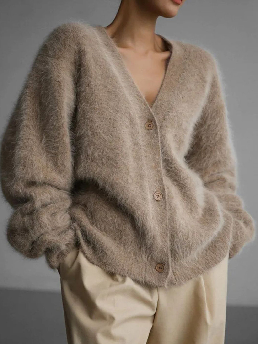 StyleCast Women V-Neck Solid Faux Fur Cardigan