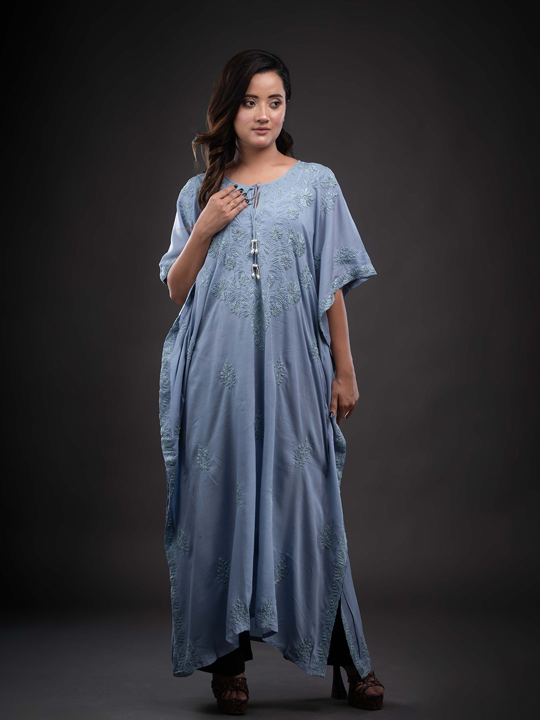 The Chikankari Raasaah Floral Embroidered Kimono Sleeve Kaftan Maxi Dress