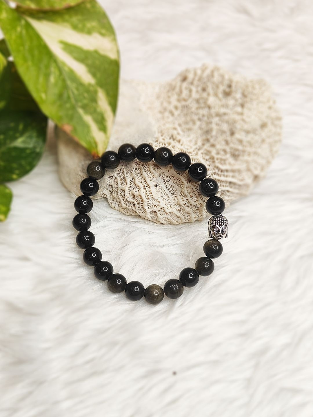 Cold Lava Studio Unisex Goldsheen Obsidean & Crystals Beaded Elasticated Bracelet