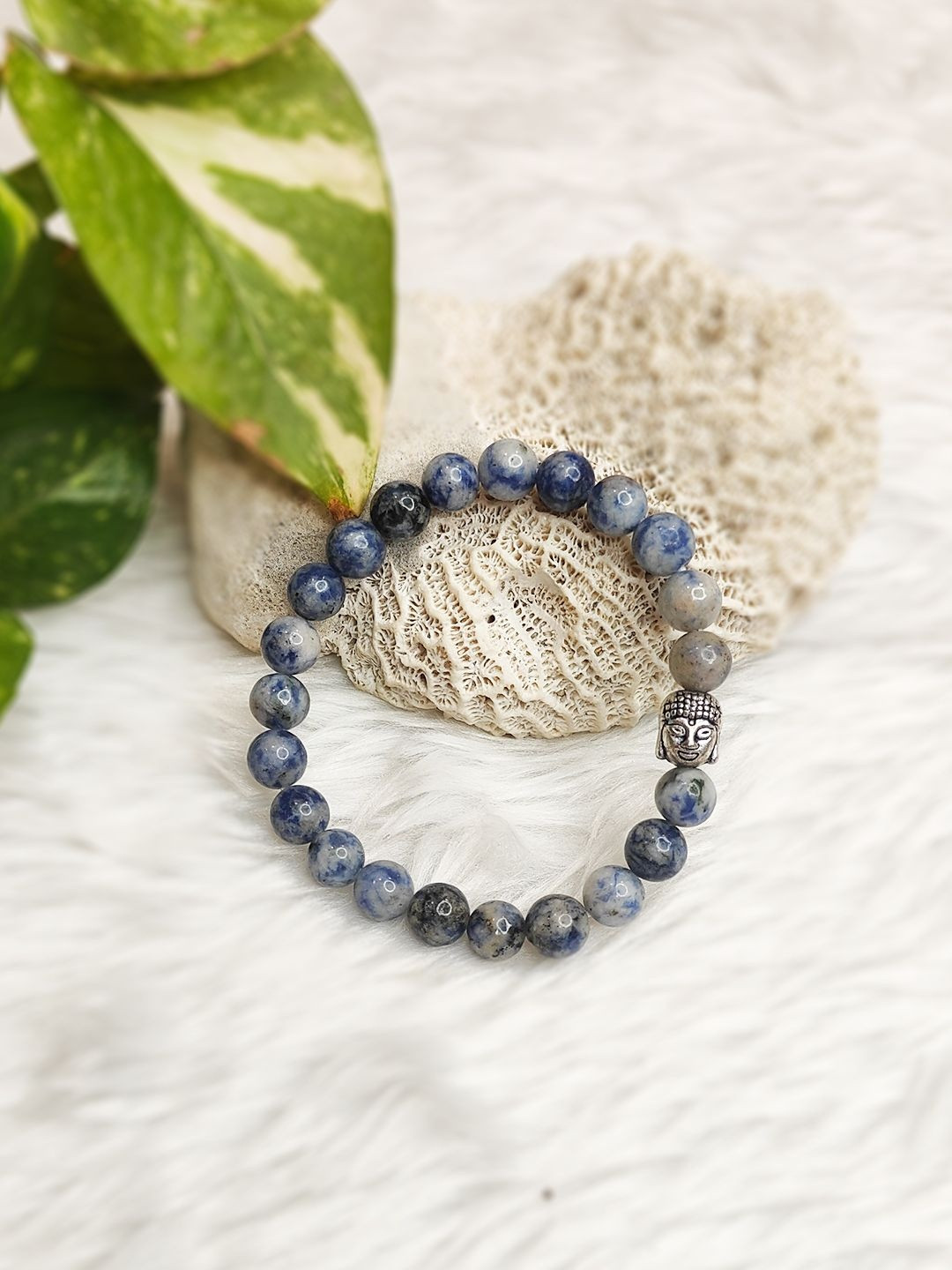 Cold Lava Studio Unisex Silver-Plated Sodalite Beaded Buddha Face Elasticated Bracelet