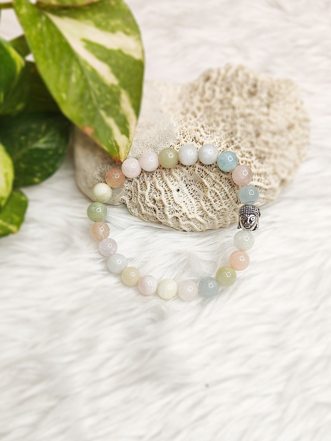 Cold Lava Studio Unisex Silver-Plated Morgonite Beaded Buddha Face Elasticated Bracelet