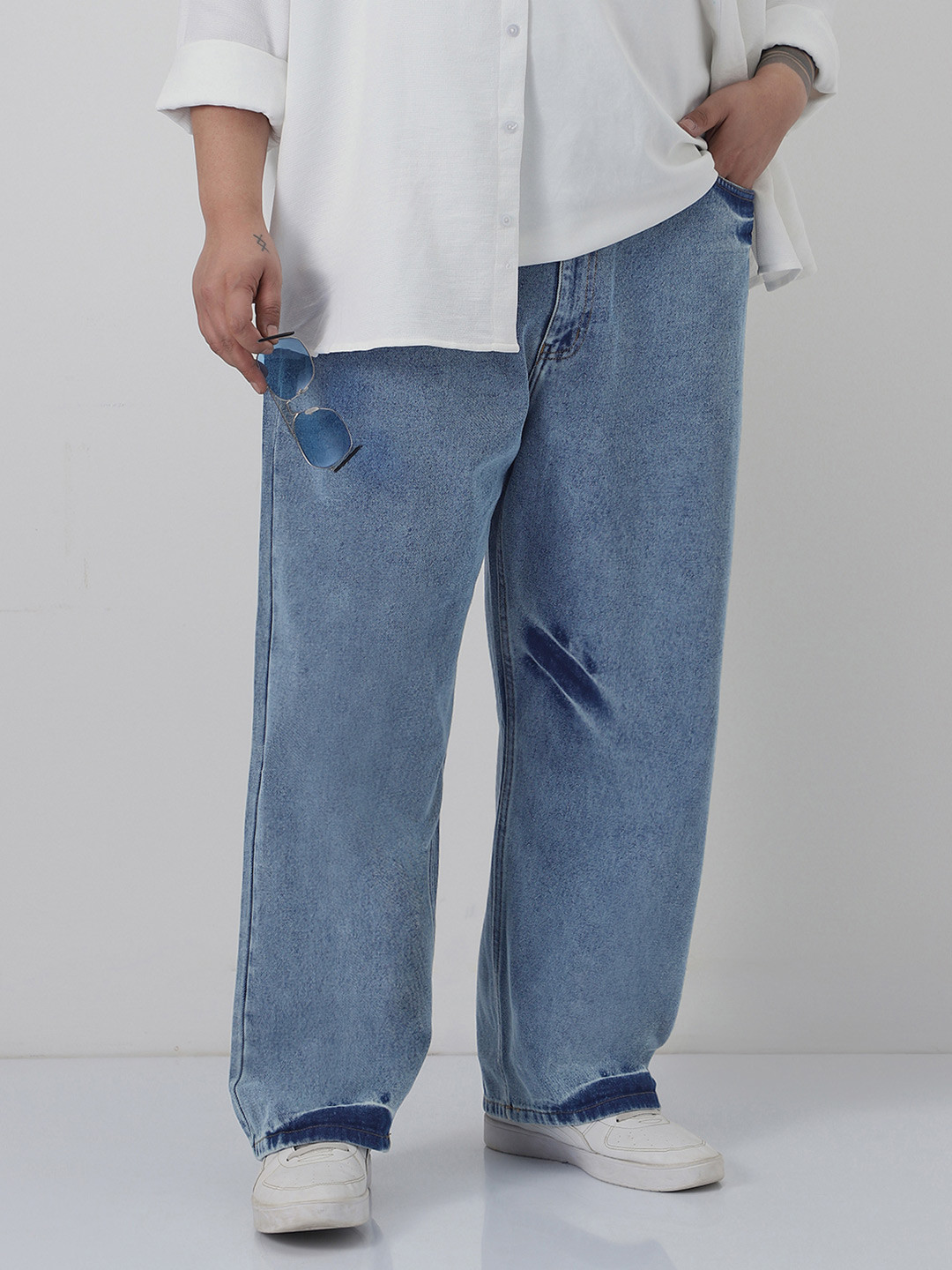 Urbano Plus Men's Light Blue  Loose Baggy Fit Washed Jeans Non-Stretchable Jeans