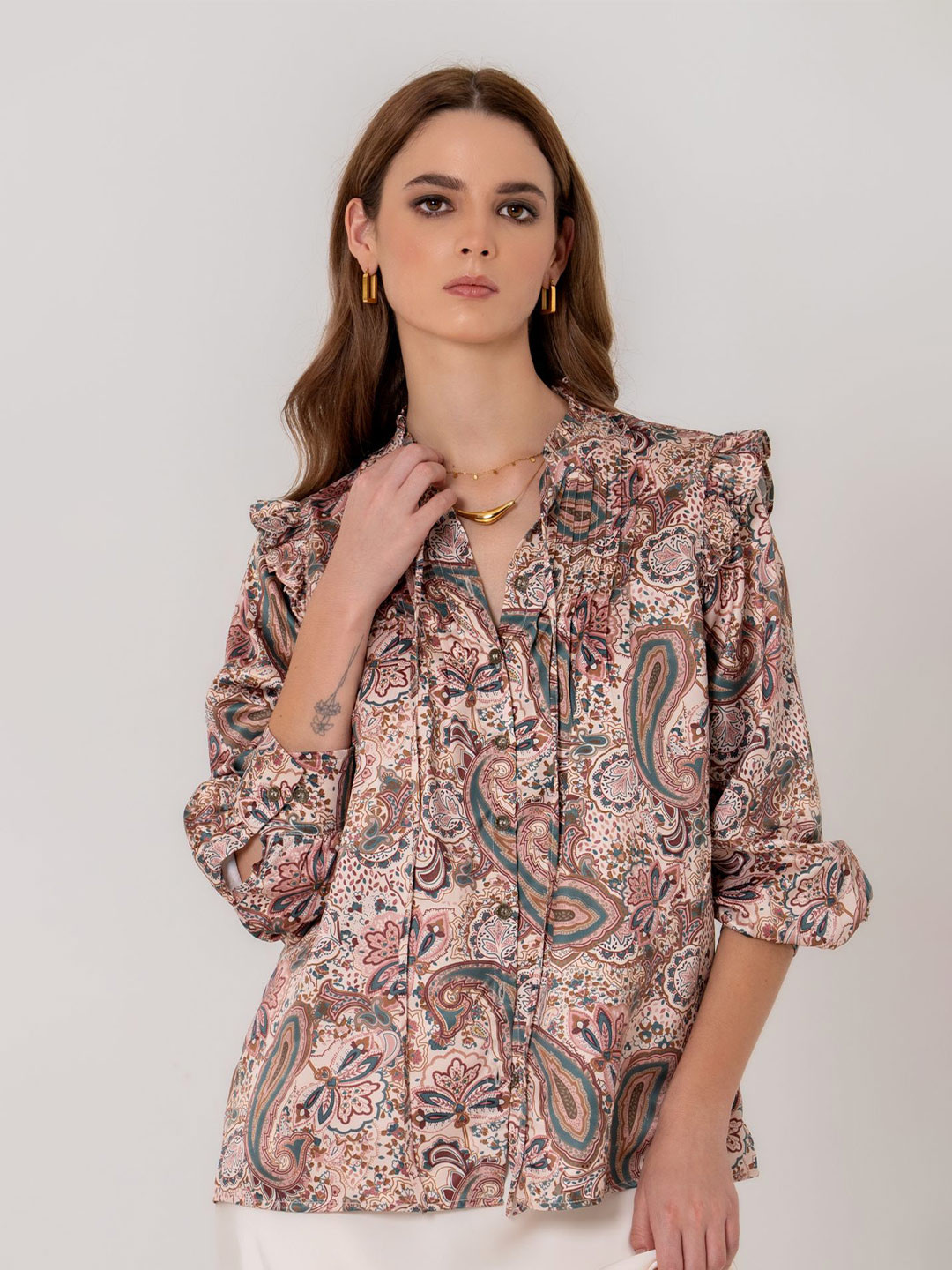 KALAMIR Women Comfort Vintage Ruffle Shoulder Paisley Casual Shirt