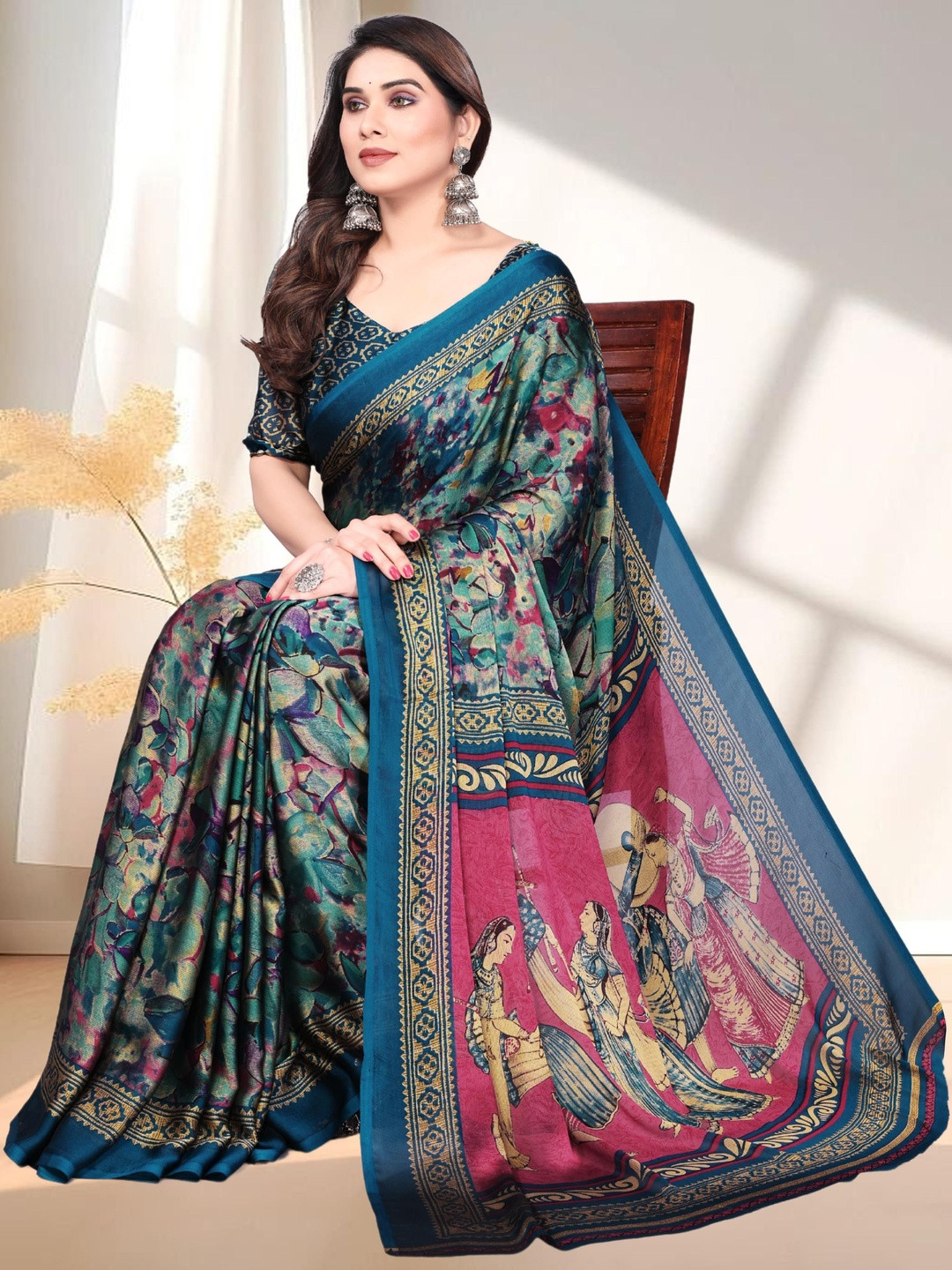 BilloRani Floral Printed Pure Woven Design Pure Chiffon Saree