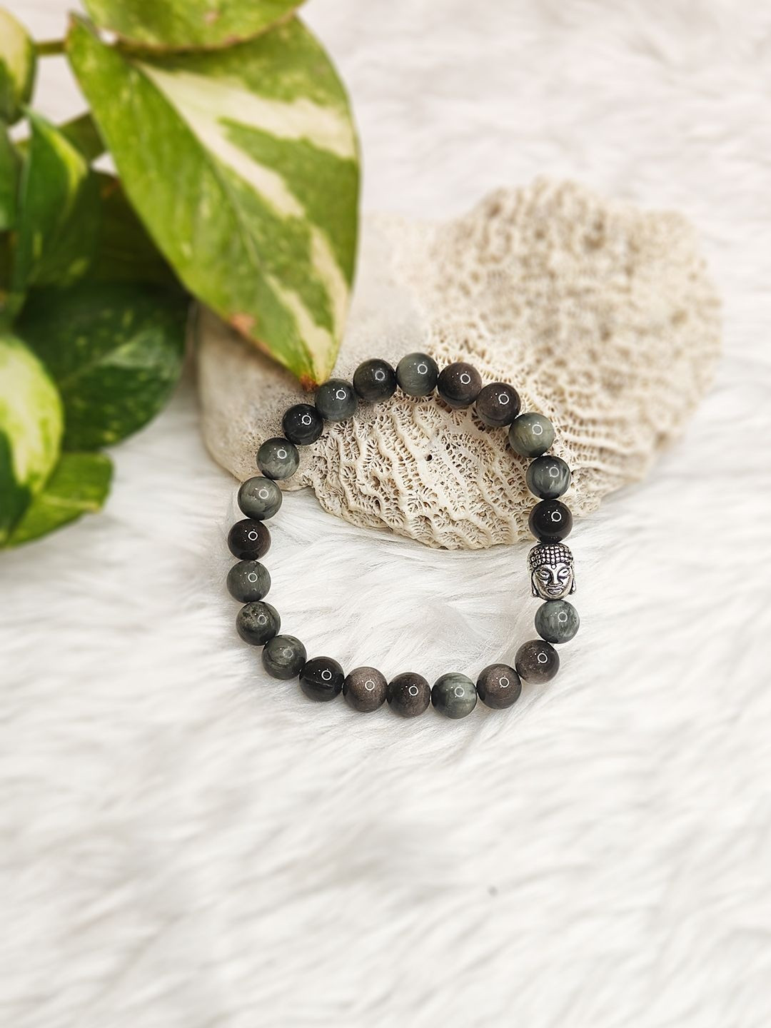 Cold Lava Studio Unisex Grey Cats Eye Crystals Beaded Buddha Face Elasticated Bracelet