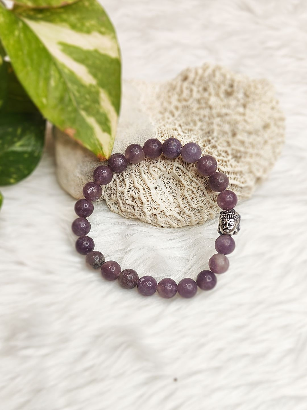 Cold Lava Studio Unisex Silver-Plated Lapidolite & Crystals Beaded Elasticated Bracelet