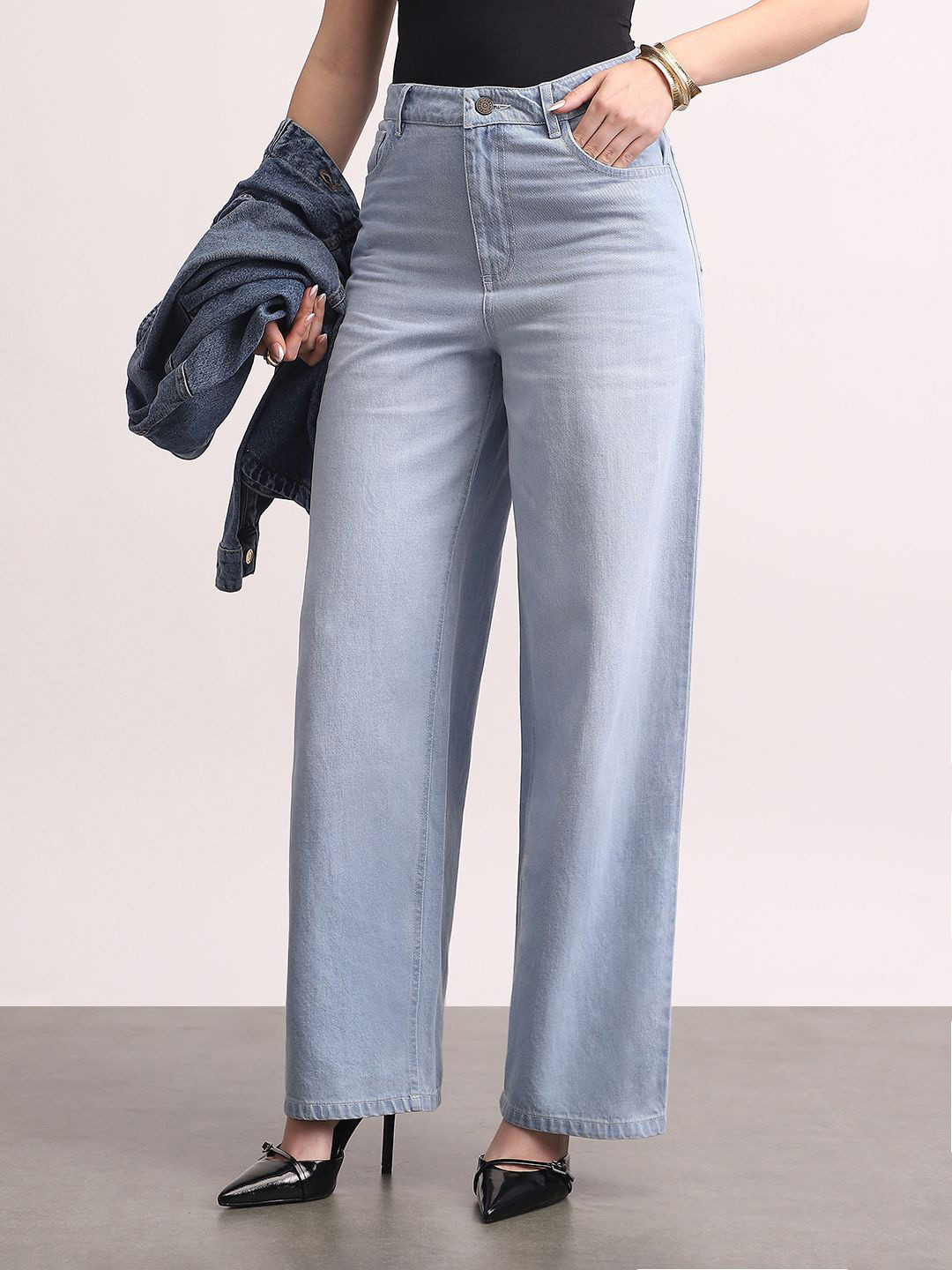 Urbano Fashion Women's Ice Blue High Rise Loose Baggy Fit Washed Jeans Non-Stretchable