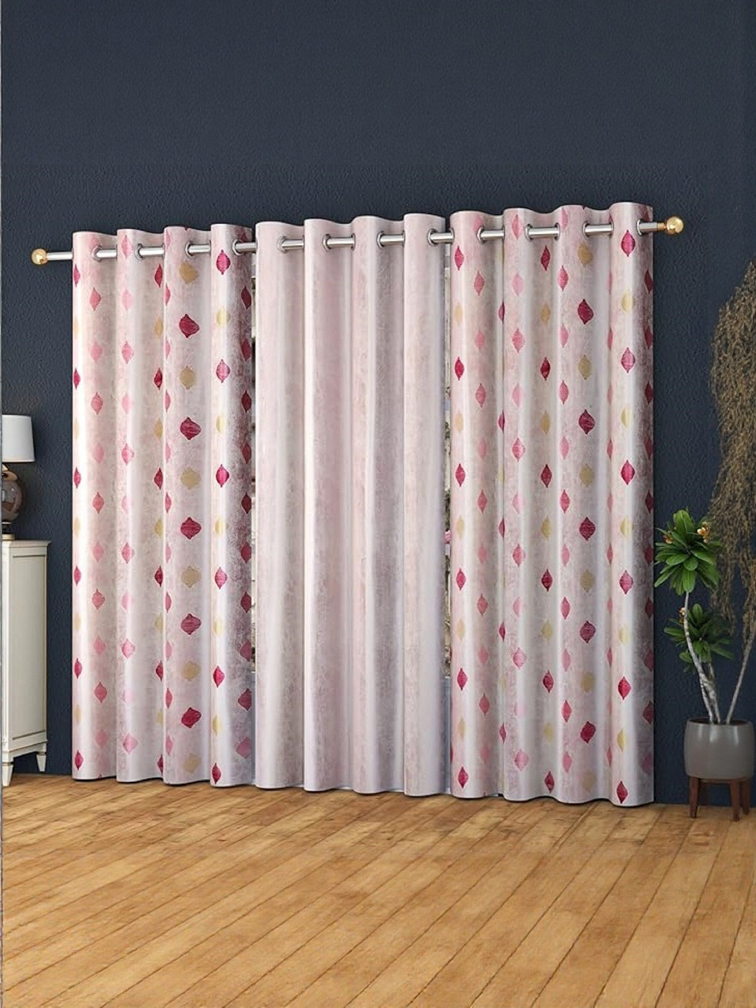 LUZDECOR Pink And Beige Abstract Printed 3 Pieces Long Door Room Darkening Eyelet Curtains