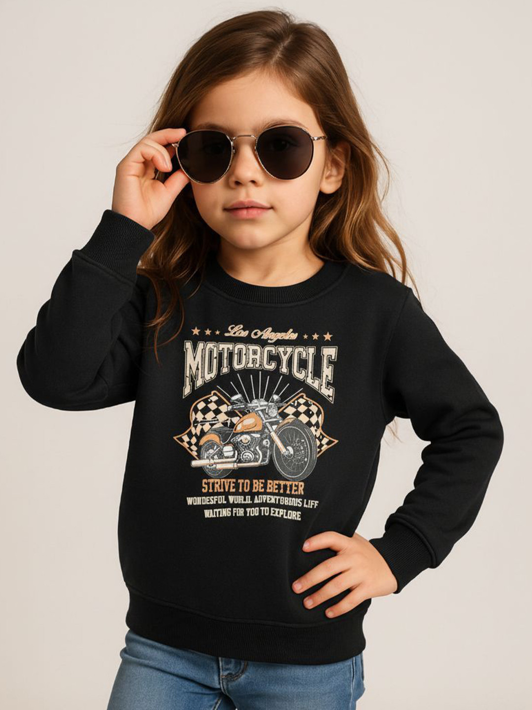 MACK JONNEY Girls Graphic Printed Long Sleeves Round Neck Fleece Sweatshirt