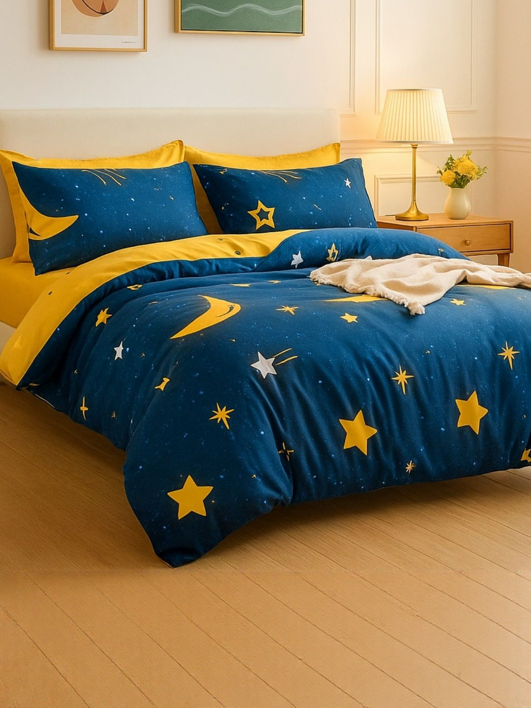 Famyo Blue & Yellow Printed Double King Blankets Quilts & Dohars