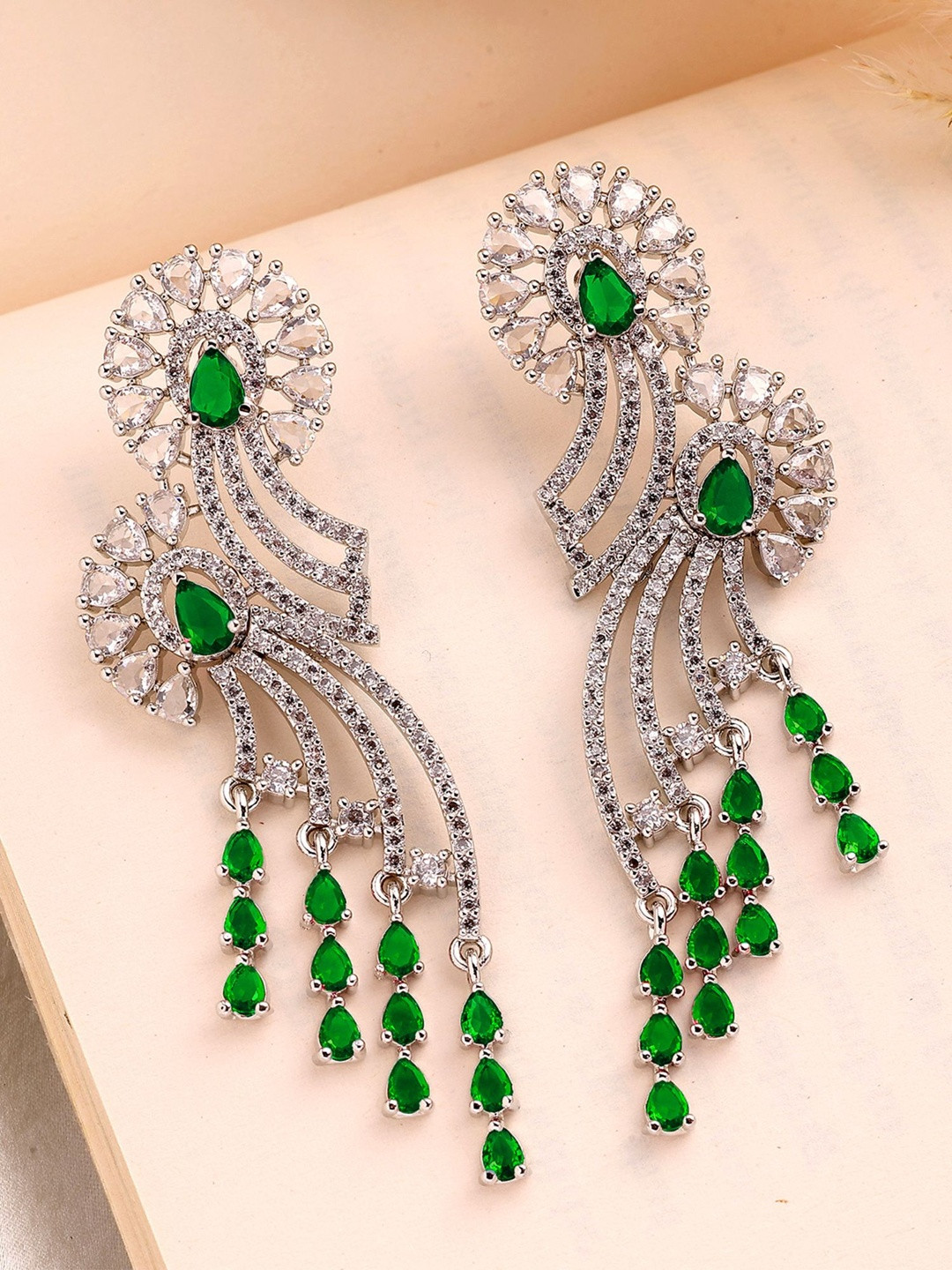 KARATCART Silver-Plated Geometric Shaped American Diamond Studded Drop Earrings