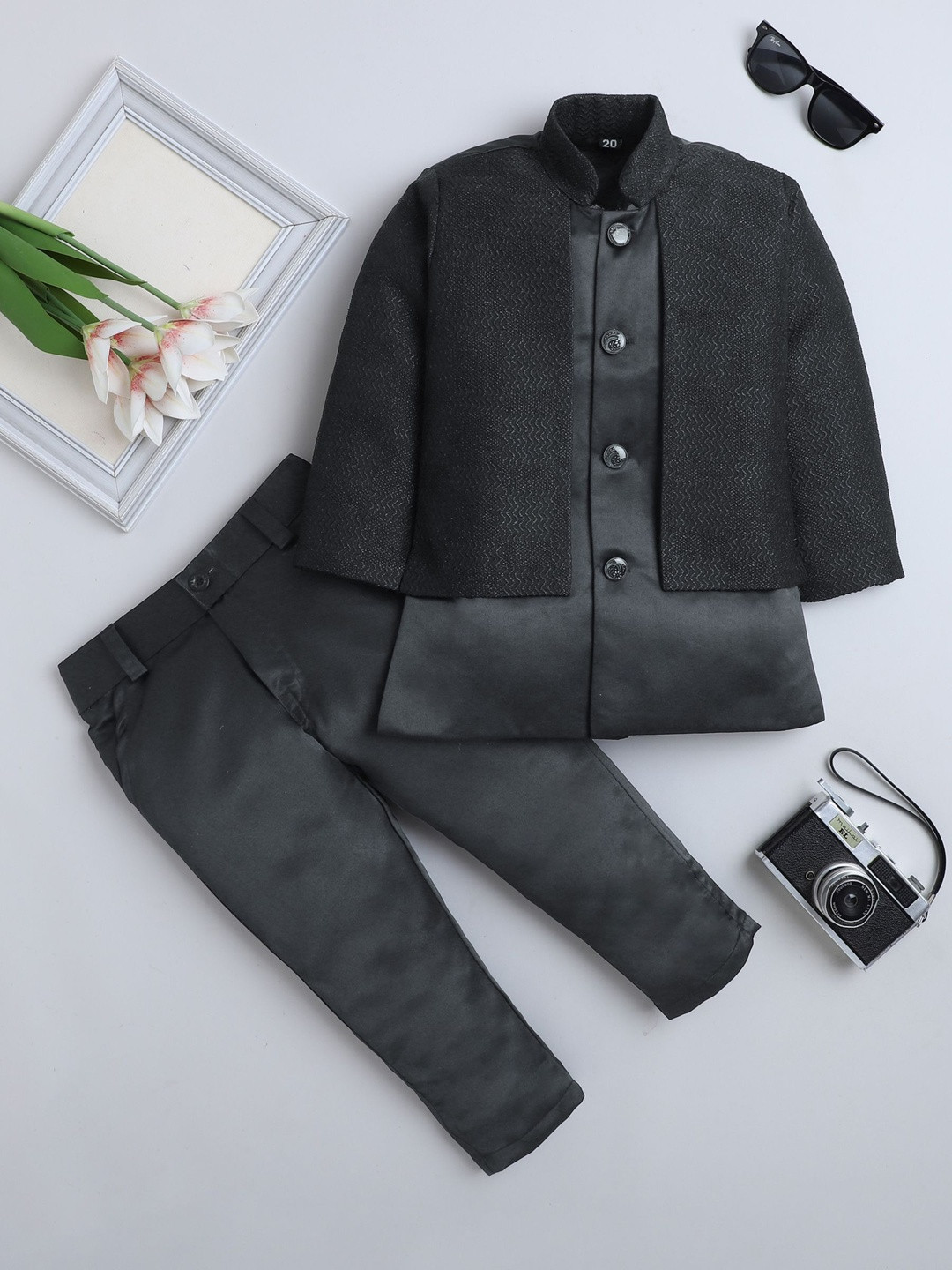 BAESD Boys Zigzag Pattern Brocade Sherwani With Trouser Set