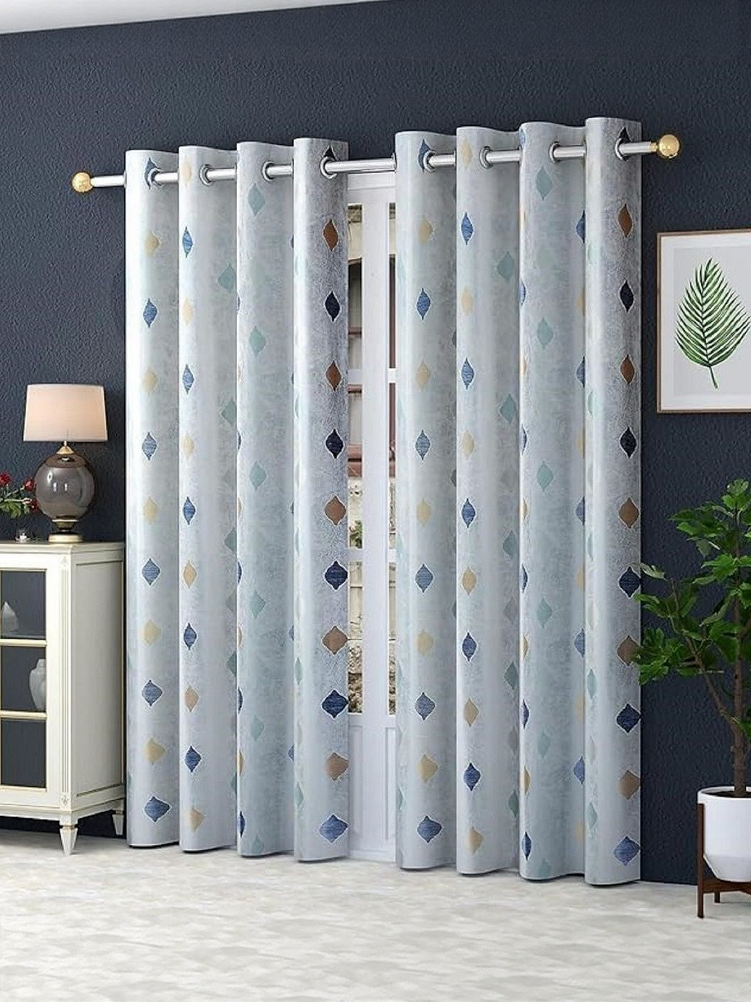 LUZDECOR Silver Toned Abstract Printed 2 Pieces Long Door Room Darkening Eyelet Curtains