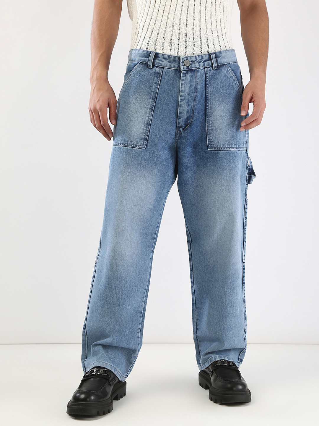 Urbano Fashion Men Light Blue Loose Baggy Fit Carpenter Cargo Jeans