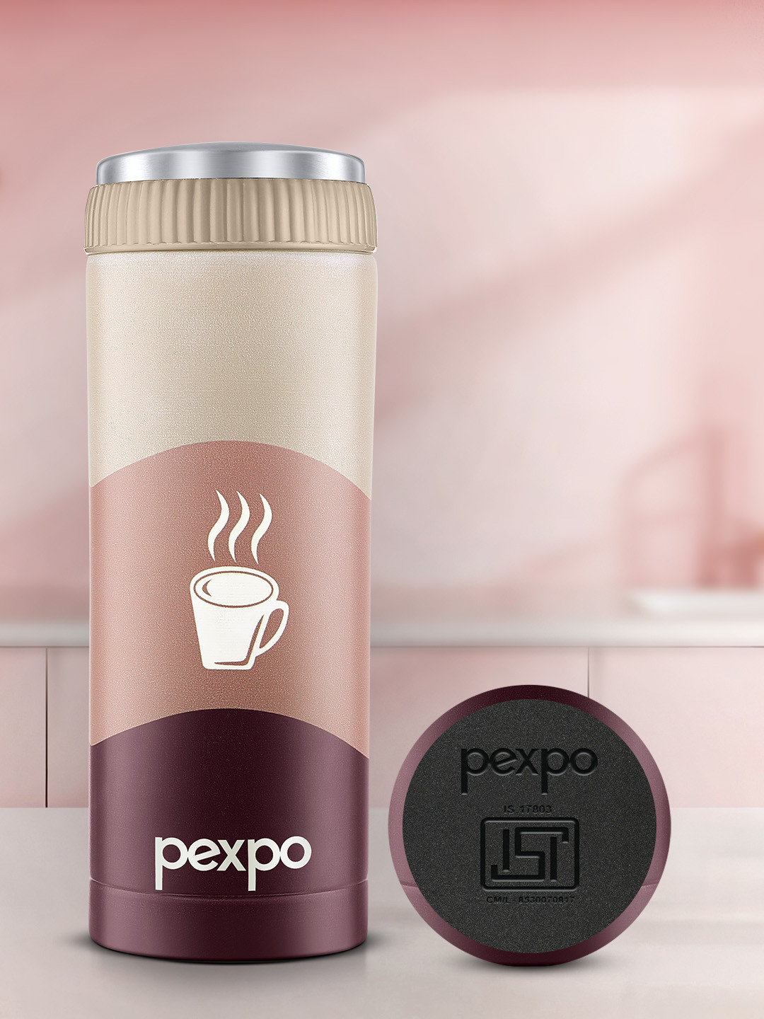 Pexpo Brown & White Single Printed Stainless Steel Double Wall Vacuum Water Bottle 430ml