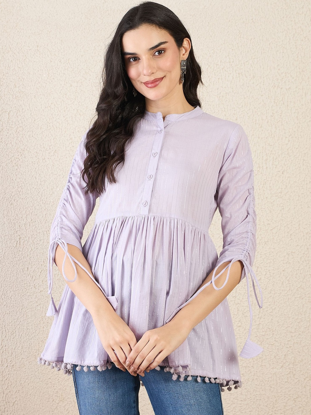 Anouk Rustic Striped Mandarin Collar Cotton Top