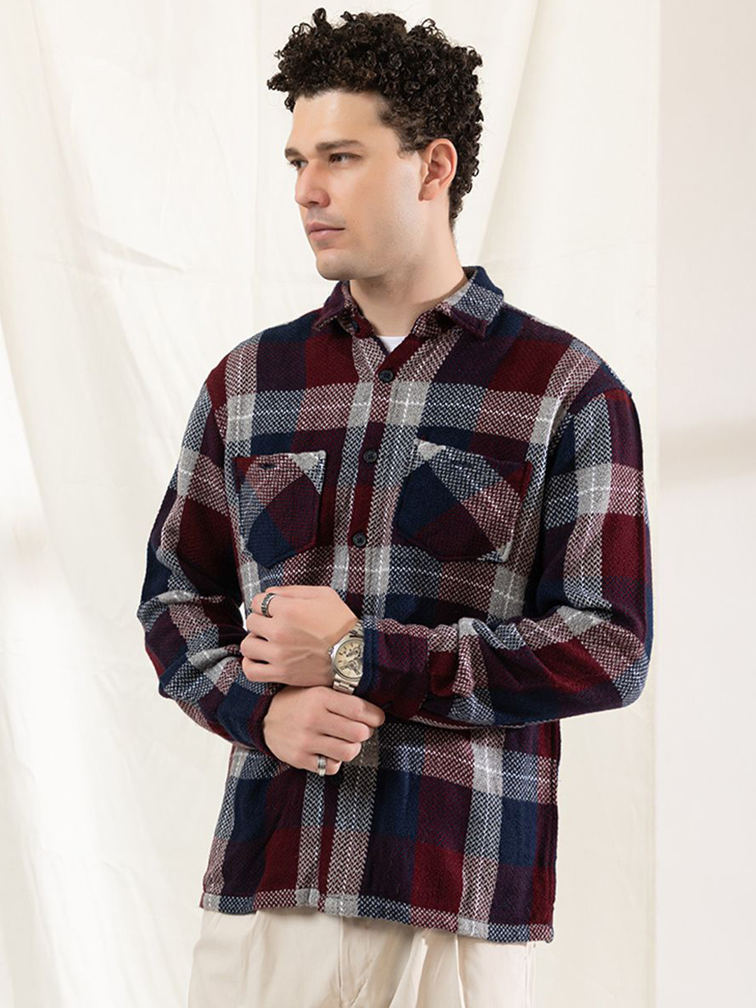 ARMISTO Men Maroon Winter Checked Regular Fit Shacket
