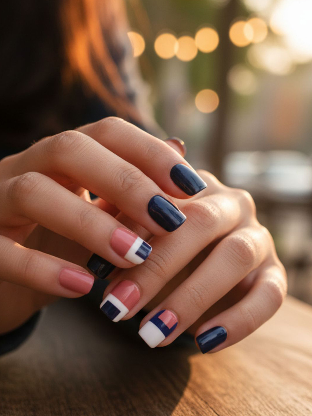 LICK 30Pcs Matte Pattern Reusable Artificial Fake Press On Nails - Navy Blue