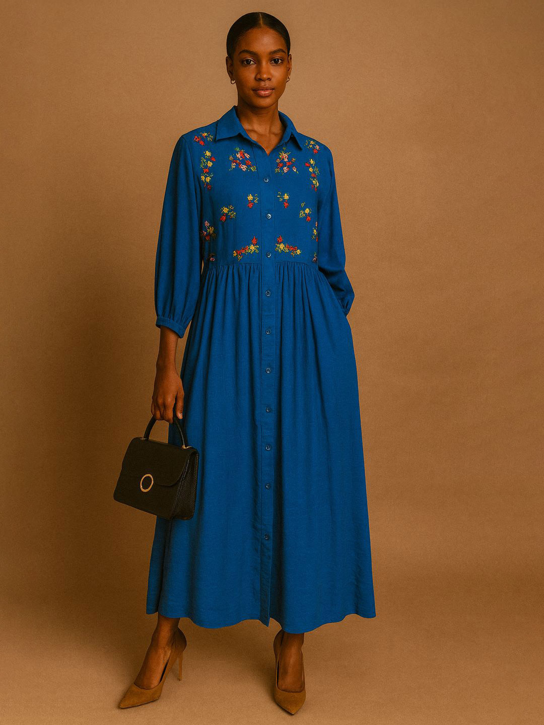HOUSE OF MAITHILI Floral Embroidered Shirt Midi Dress