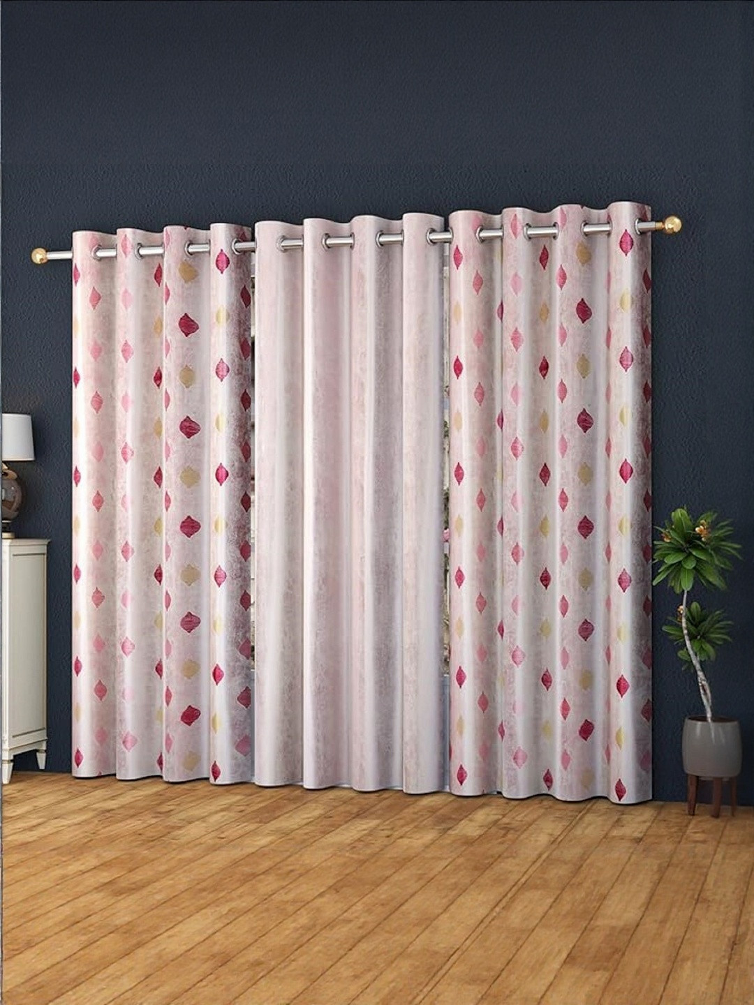 LUZDECOR Pink & Yellow Abstract Printed 3 Pieces Window Room Darkening Eyelet Curtains