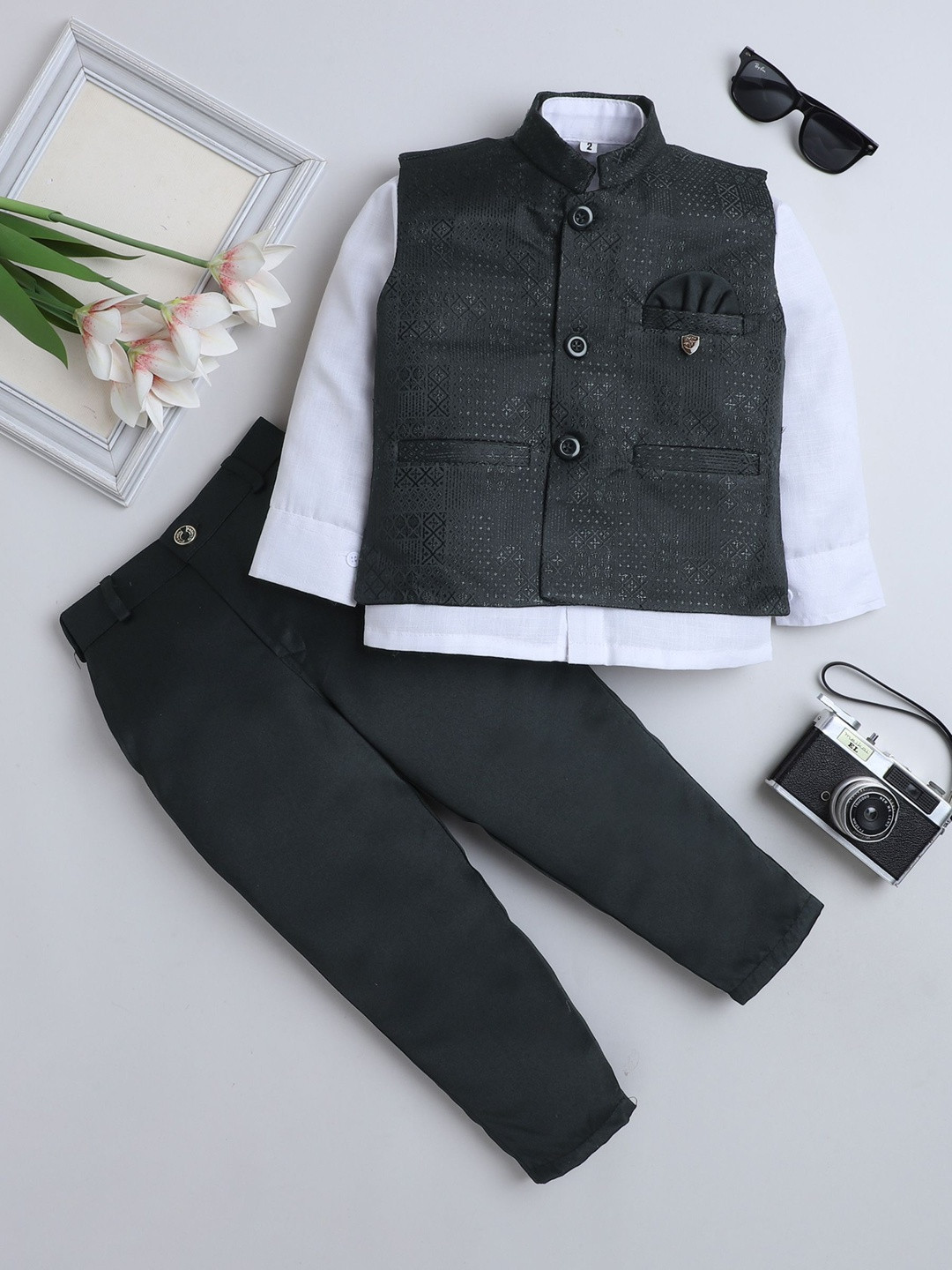 FOURFOLDS Boys Geometric Diamond Motifs Jacquard Three-Piece Party Suit